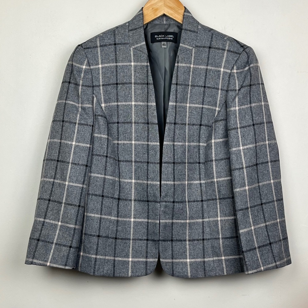 Evan Picone Black Label Windowpane Plaid Open Front Blazer 8 Grey Academia Prep